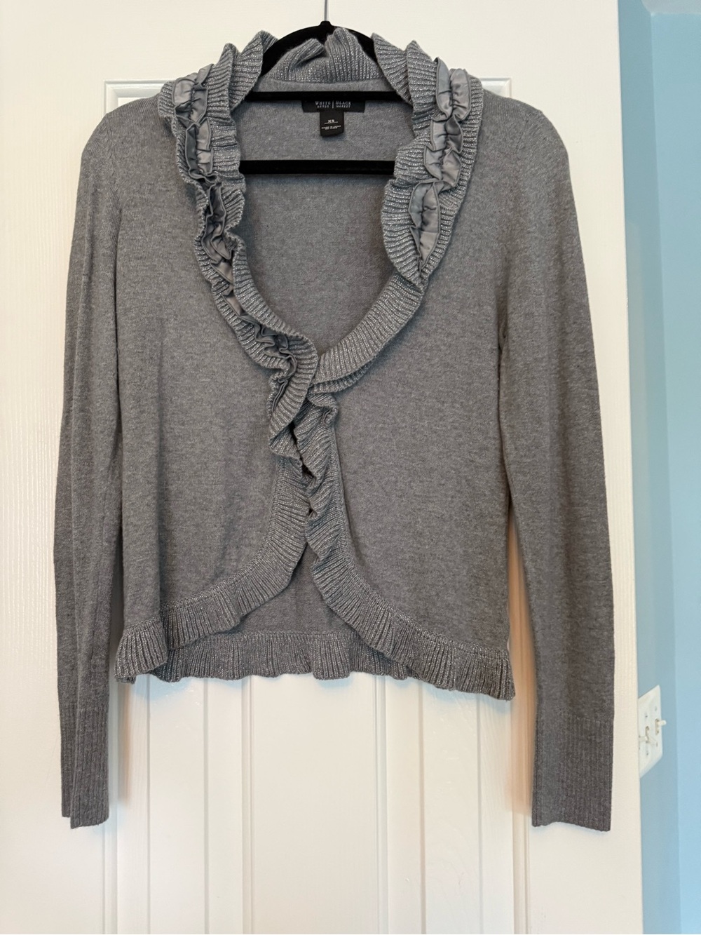 White House Black Market Gray Ruffle-Trim Sweater Cardigan